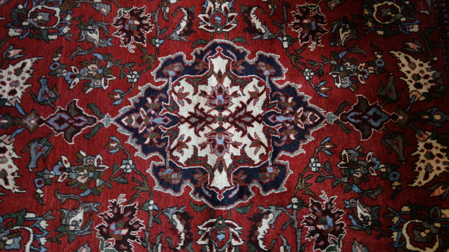 A fine Central Persian Isfahan rug, 210cm X 155cm. Central double pendent medallion with repeating - Image 2 of 3