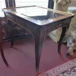 A pair of Drexel Heritage burr walnut and black lacquered lamp tables, with gilt floral