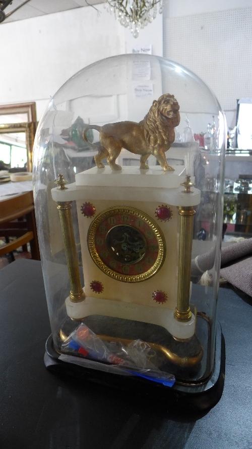 A 19th century French alabaster and gilt metal mantel clock, Arabic chapter ring and visible