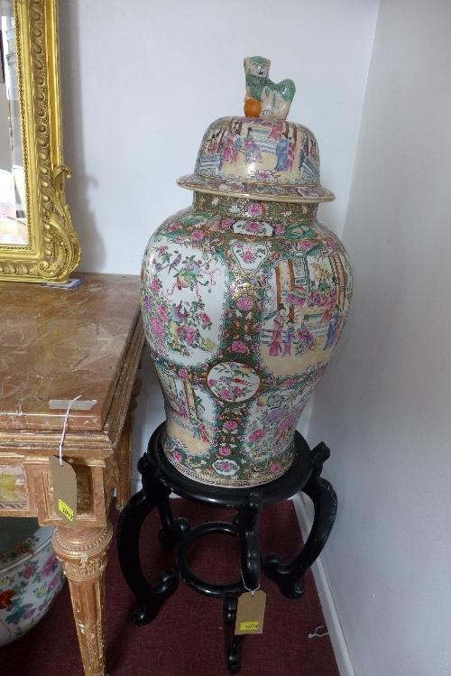 A large and impressive pair of early 20th century Chinese Cantonese famille rose temple jars and - Image 2 of 3