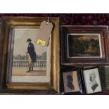 A framed print of George III, together with silhouette miniatures and a small oil on board landscape