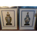 A pair of coloured engravings depicting Chinese temple jars, published by Bauer, H.56cm W.40cm