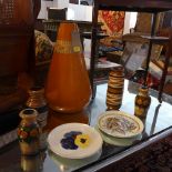 A large bulbous orange vase, together with four West German vases and two Denby plates (7)