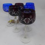 A set of six Bohemian cut glass drinking glasses, in blue and red (6)