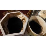 Two lady's black hats in boxes, one bearing label for Aage Thaarup, the other James Wedge (2)