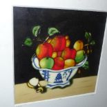 A ceramic picture of fruit in a Chinese blue and white porcelain bowl, signed 'Sam' in pencil,
