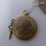 A yellow metal open face pocket watch, gilt Roman dial, the dial center engraved with townscape by a