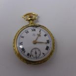 An 18ct yellow gold open face pocket watch, cylinder movement, white enamel dial with Roman