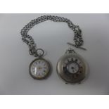 A silver half hunter pocket watch, enamel dial with Roman numerals, subsidiary seconds dial at