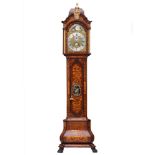 A fine Dutch marquetry inlaid longcase clock, 13" arched brass dial having a painted moon phase