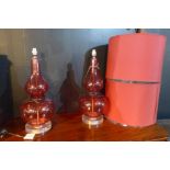 A pair of contemporary pink glass table lamps with burgundy drum shades, H.75cm (2)