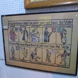 A framed and glazed suffragette campaign woodblock print, H.54cm W.72cm