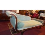 A Regency mahogany scroll end chaise lounge, with velour upholstery, raised on scrolling legs and