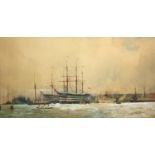 Charles Edward Dixon (English, 1872-1934), 'Battleships in the Pool of London', watercolour on