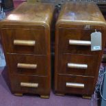 A pair of Art Deco walnut bedside chests with three drawers on bracket supports (2)