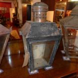 An early 20th century copper hall lantern with wall brackets, having a natural verdigris finish, H.