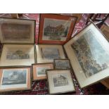 A set of nine engravings of town scenes of possible local interest, including a coloured engraving