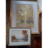 A pair of watercolours, including park scenery and a rural setting with cows (2)