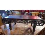 A 19th century Chinese hardwood table top altar table, with carved and pierced frieze, H.32 W.98 D.