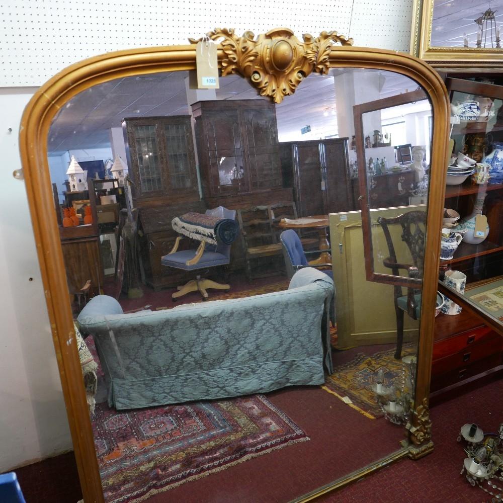 A large Victorian giltwood and gesso overmantel mirror, with a foliate crest surmount, H.175cm W.