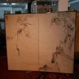 A late 19th century Chinese two fold screen, with watercolour paintings of monkeys (damaged),