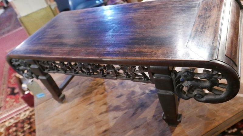 A 19th century Chinese hardwood table top altar table, with carved and pierced frieze, H.32 W.98 D. - Image 2 of 2