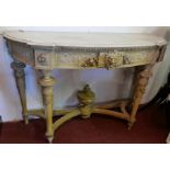 An early 20th century cream painted Neoclassical style marble top console table, carved and pierced
