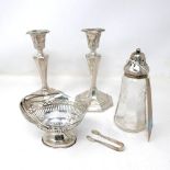 A collection of silver items to include a pair of filled, silver candlesticks H: 18 cm, a silver