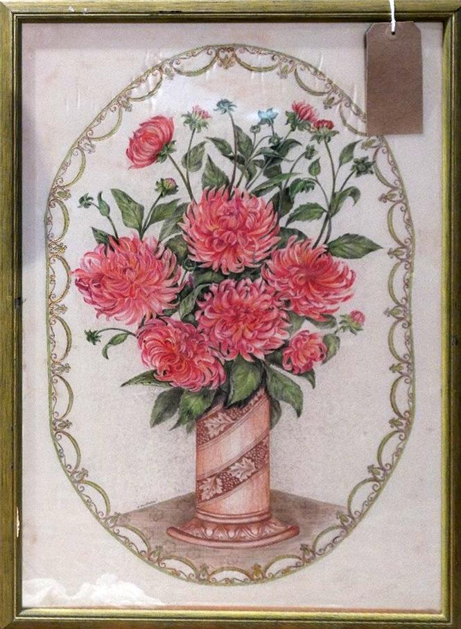 An early 20th Century painting of flowers on silk, framed and glazed, H.68cm W.50cm