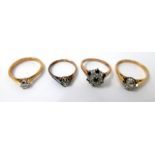 Four yellow gold and gem-set rings to include two 18ct yellow gold, brilliant-cut diamond