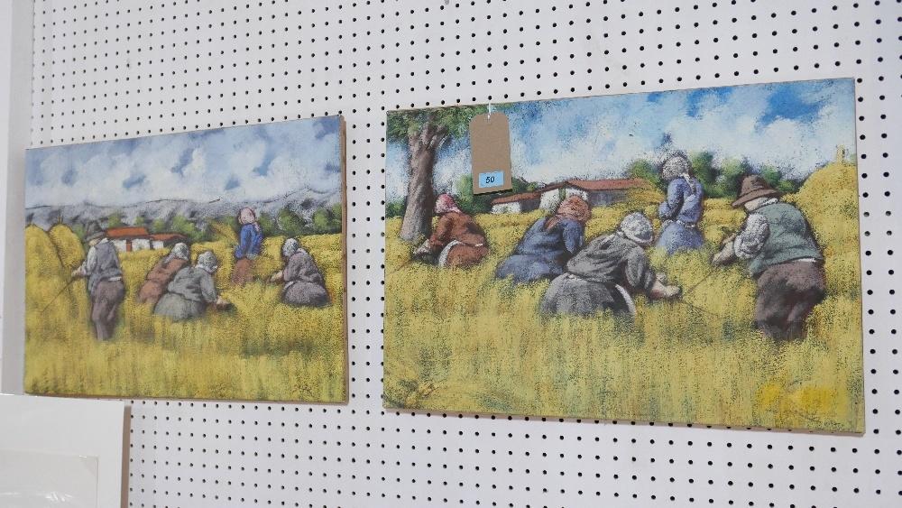 Rona Skizzo, (Italian), 2002. A pair of oil paintings on canvas of farm-workers in fields, unframed,