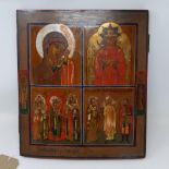 A Russian icon in four registers, depicting the Mother of God of Kazan, Blessed Silence, the