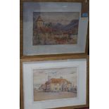 A set of two early 20th Century watercolour landscapes, one of a Continental scene with mountains in