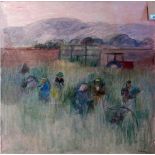 Audrey Lanceman (b.1931) oil on canvas of workers in a field, signed lower right, H.92cm W.92cm