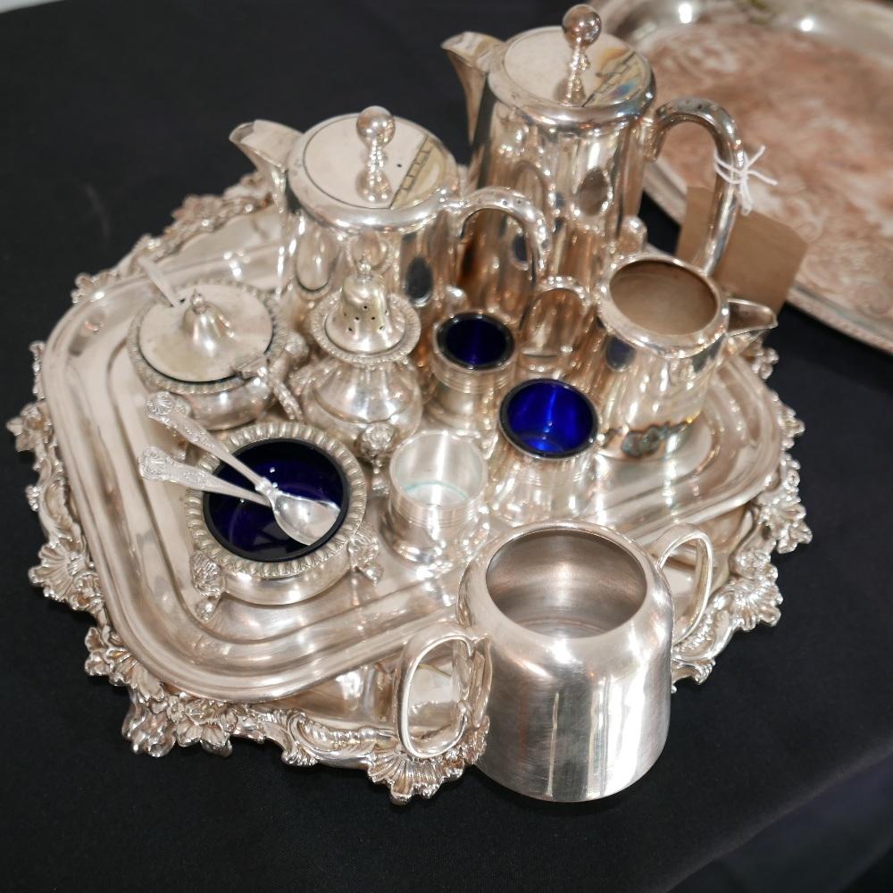 A collection of silver-plated items to include trays, a salver, salt cellars with blue glass linings - Image 2 of 2