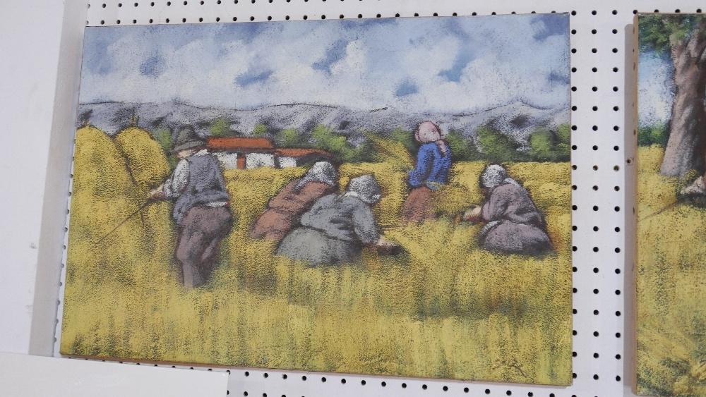 Rona Skizzo, (Italian), 2002. A pair of oil paintings on canvas of farm-workers in fields, unframed, - Image 3 of 3