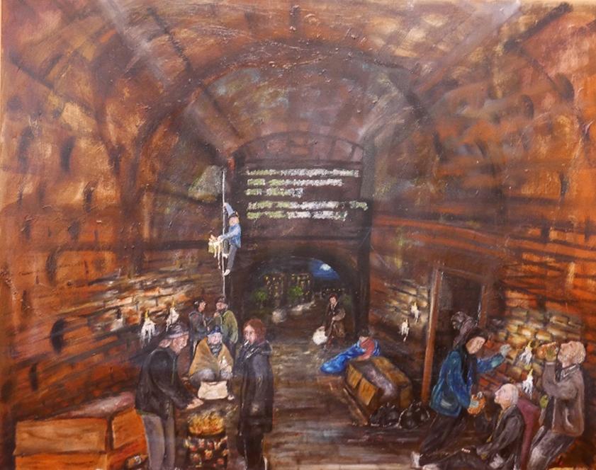 A contemporary acrylic on canvas depicting homeless people under a railway bridge, framed, H.83cm