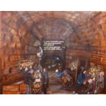 A contemporary acrylic on canvas depicting homeless people under a railway bridge, framed, H.83cm