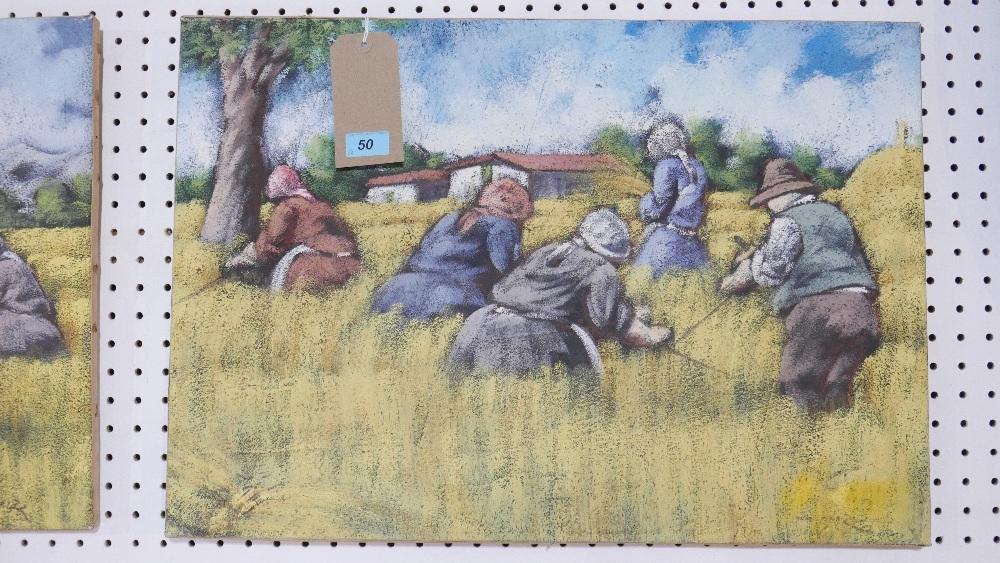 Rona Skizzo, (Italian), 2002. A pair of oil paintings on canvas of farm-workers in fields, unframed, - Image 2 of 3