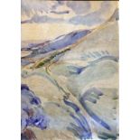 An early 20th Century impressionistic watercolour of a valley scene, in a maple frame, H.35cm W.25cm