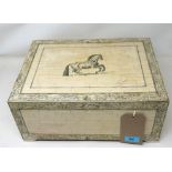 An Anglo Indian bone inlaid casket, decorated with a horse within floral border, on bracket feet,