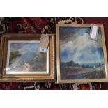 A small oil on canvas of a view of a volcano, together with a gilt framed landscape of a path and