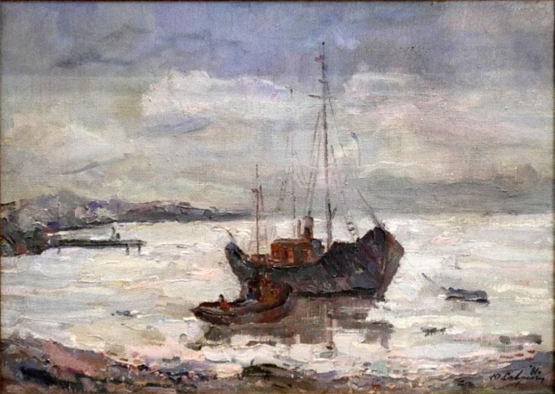 A late 20th century Russian school oil on canvas, ships at shore, signed and dated '81, 49x69cm - Image 2 of 4