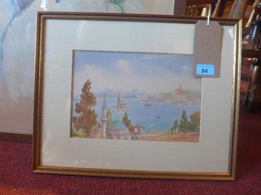 An early 20th Century watercolour of Istanbul, mounted and framed, H.19cm W.28cm