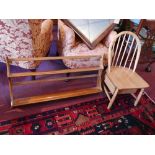 A mid century teak Ercol plate rack, with similar small spindle backed chair (2)