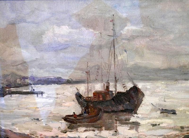 A late 20th century Russian school oil on canvas, ships at shore, signed and dated '81, 49x69cm