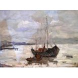 A late 20th century Russian school oil on canvas, ships at shore, signed and dated '81, 49x69cm