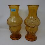 A pair of Italian yellow glass vases, decorated with roses, the bases marked Veropam Paris, Made