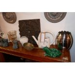 A collection of miscellaneous items including ceramic Art Deco chrome wine cooler, a cut glass vase,