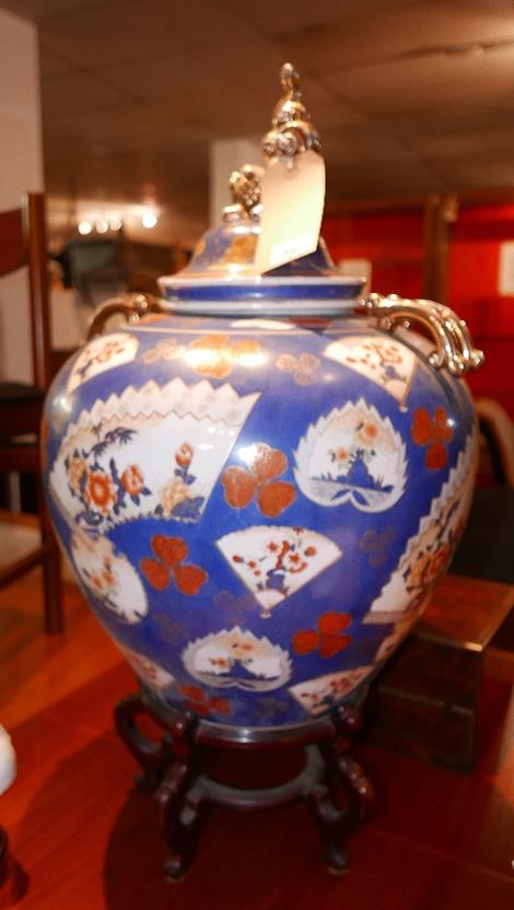 A large Japanese blue glazed and enamelled lidded vase on stand, with gilt metal mounts, H.70cm